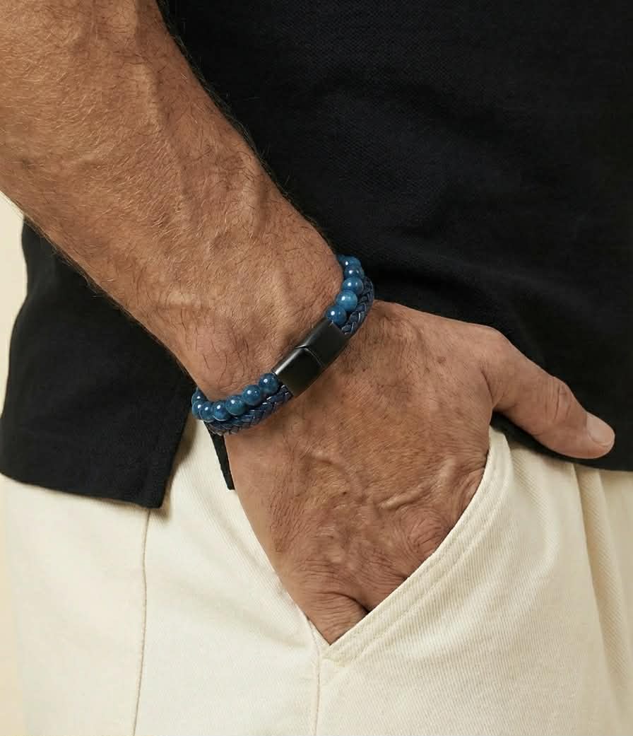 Men's Blue Agate & Leather Bracelet