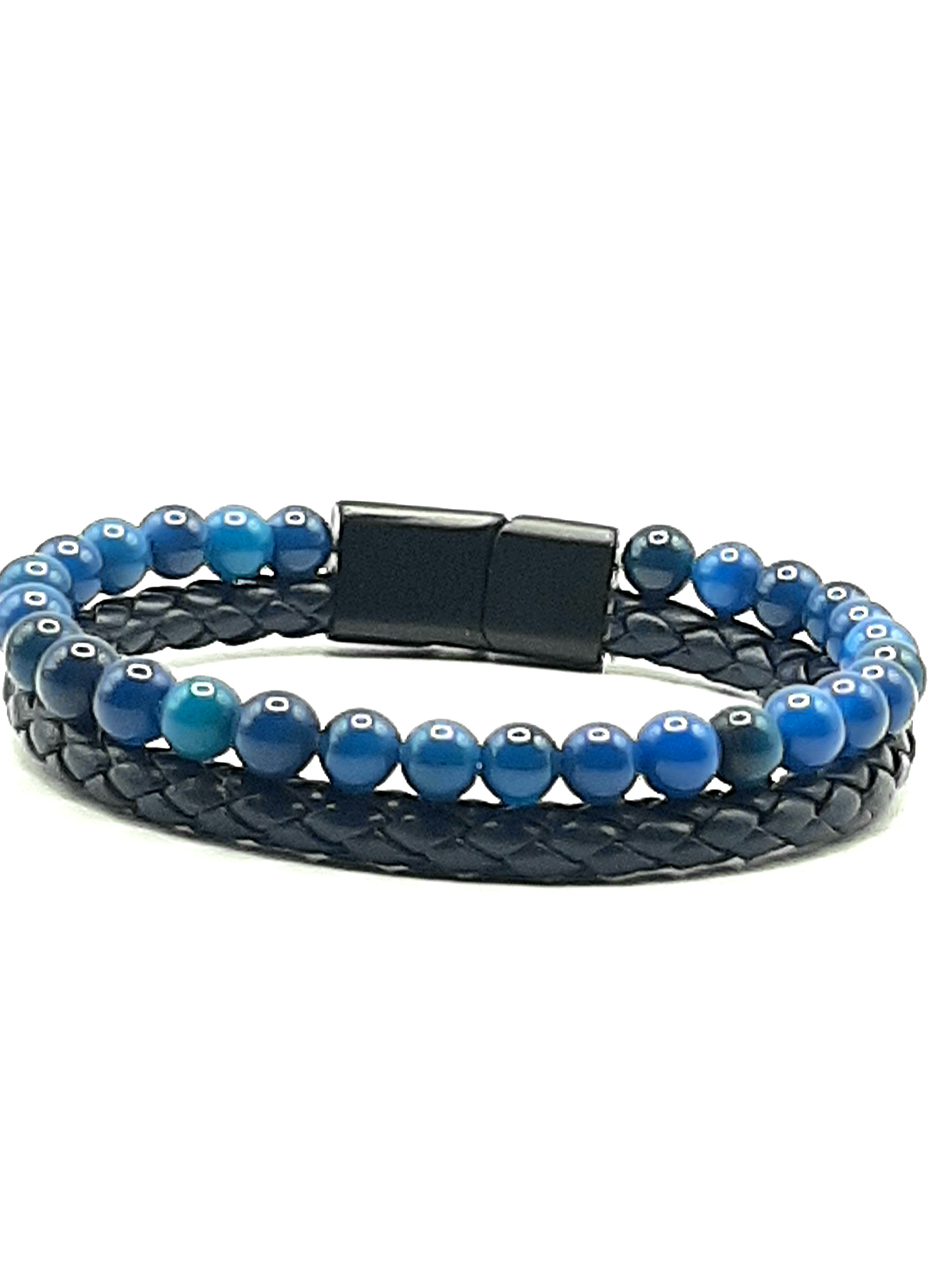 Men's Blue Agate & Leather Bracelet