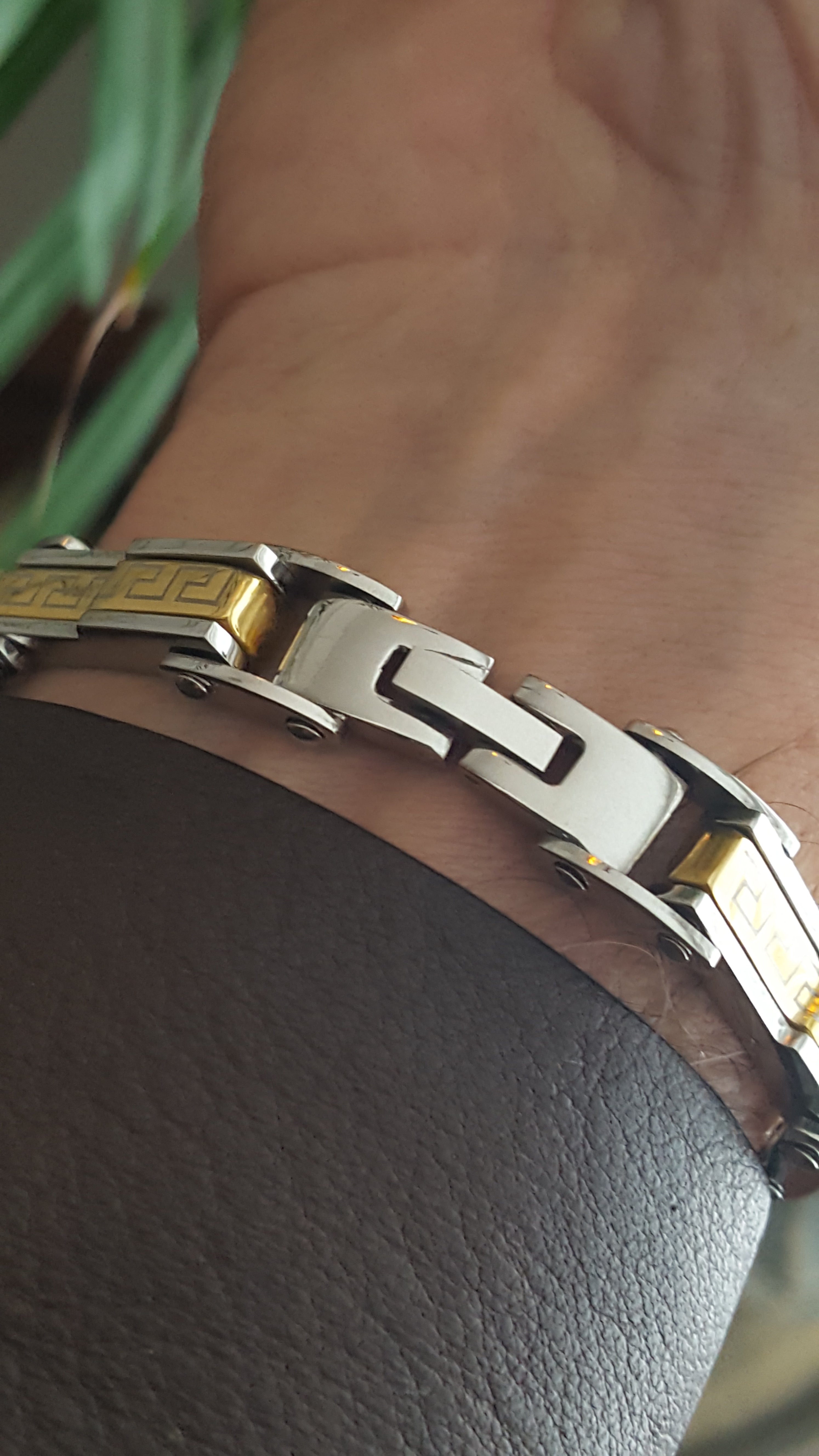 Greek Key Two-Tone Stainless Steel Bracelet