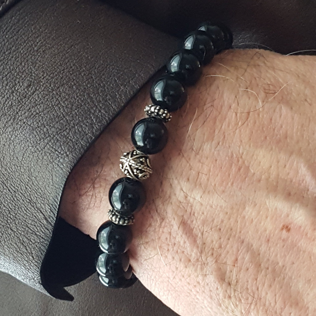 Men's Polished Onyx and Silver Beaded Bracelet