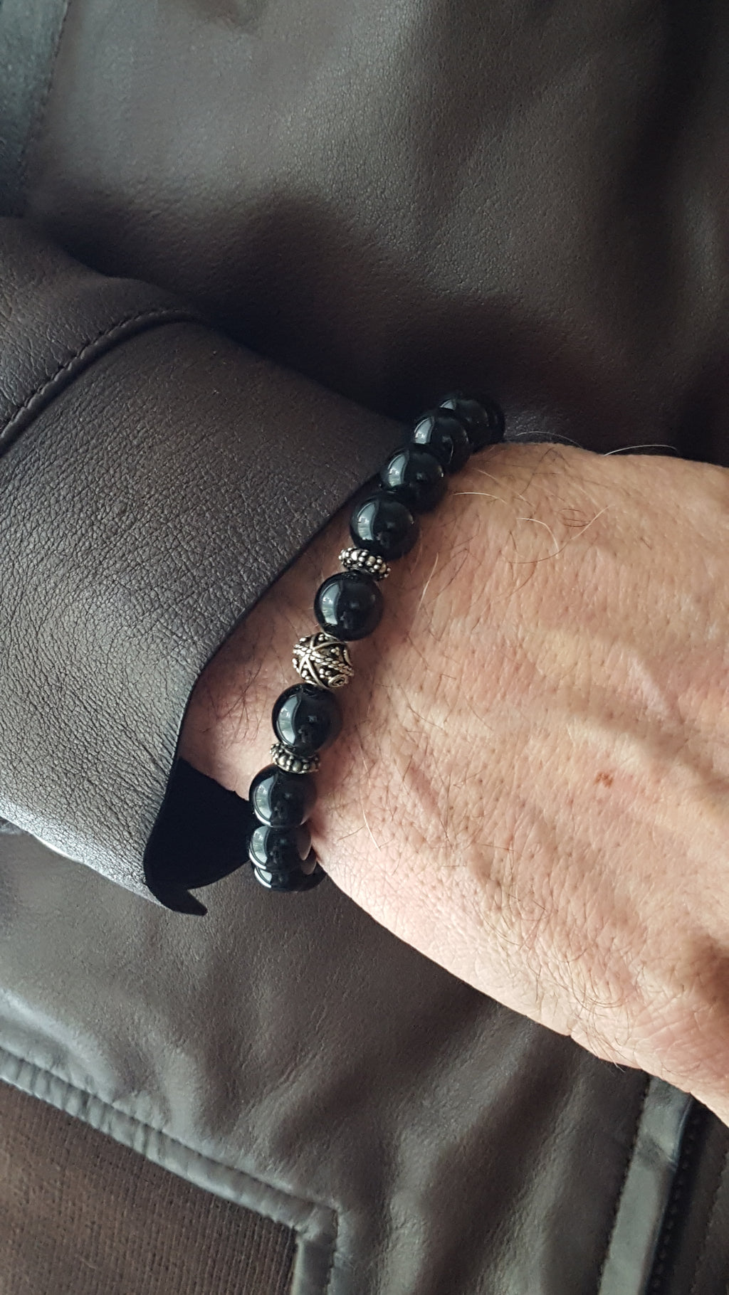 Men's Polished Onyx and Silver Beaded Bracelet