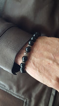 Men's Polished Onyx and Silver Beaded Bracelet