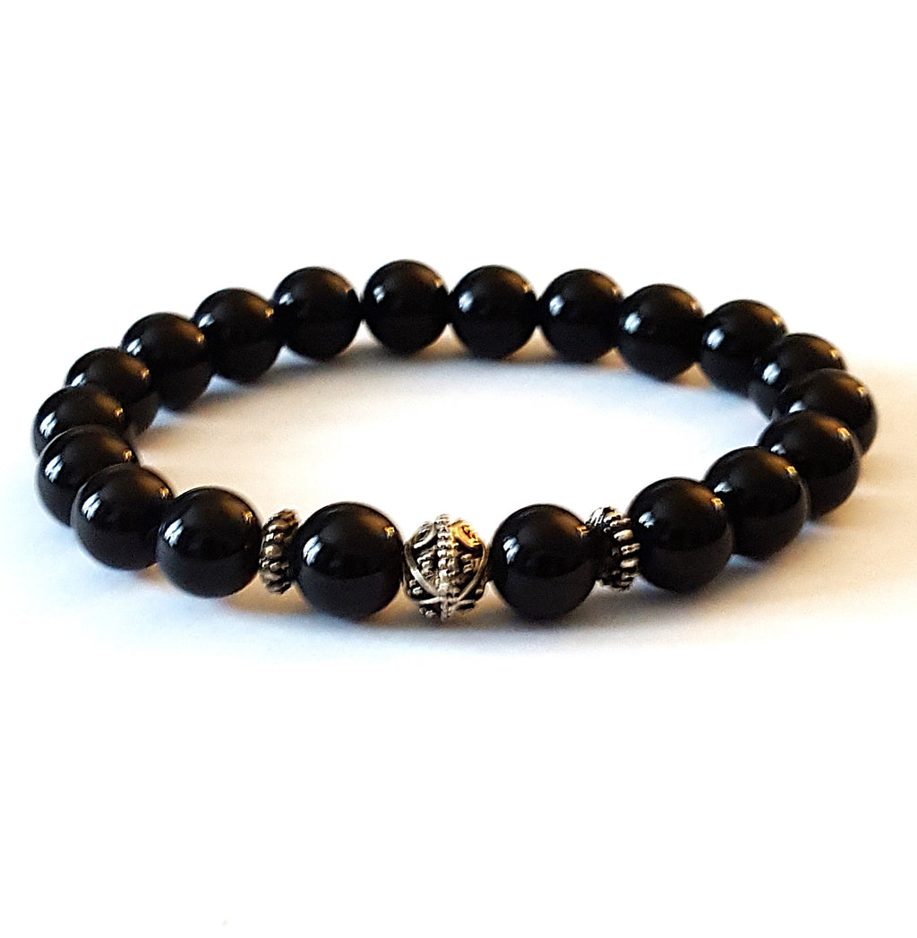 Men's Polished Onyx and Silver Beaded Bracelet