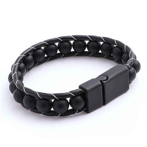 Men's Matt Onyx, Leather & Woven Steel Bracelet