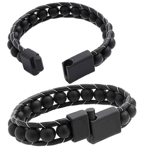 Men's Matt Onyx, Leather & Woven Steel Bracelet