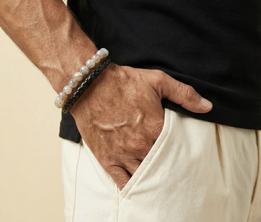 Men's Natural Stone & Leather Bracelet - White Agate