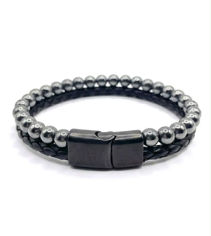 Men's Hematite & Leather Bracelet