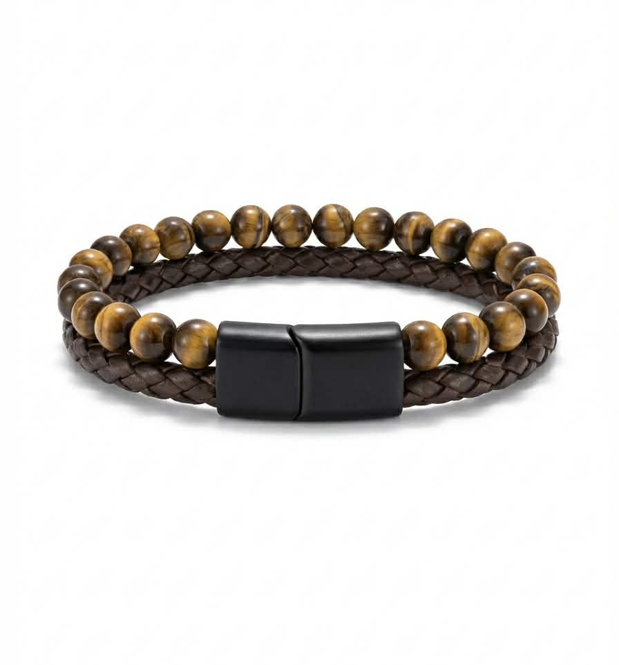 Men's Tigers eye stone Bracelet with woven Leather