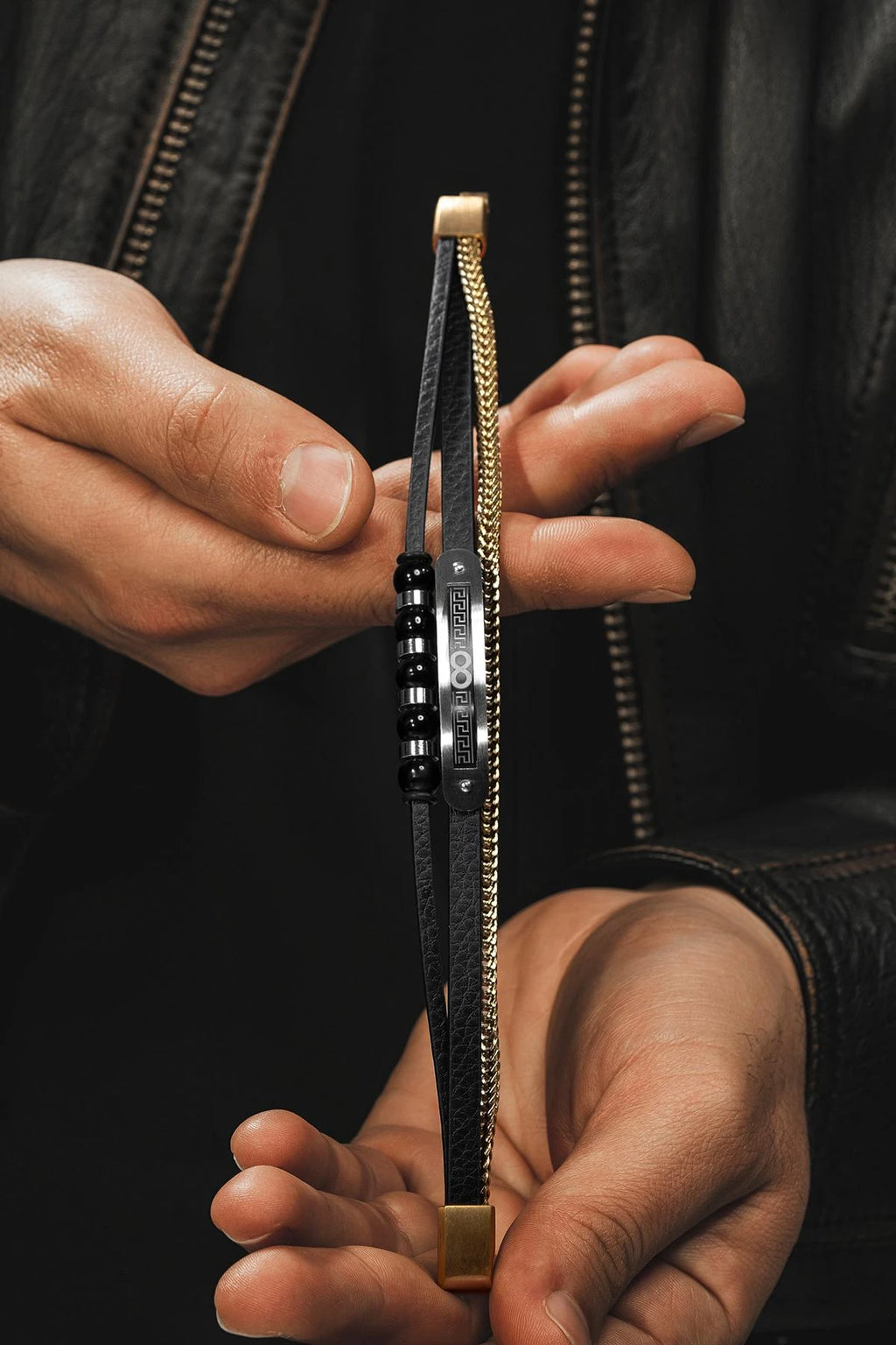 Men's Three-Piece Leather and Steel Bracelet Set with Onyx