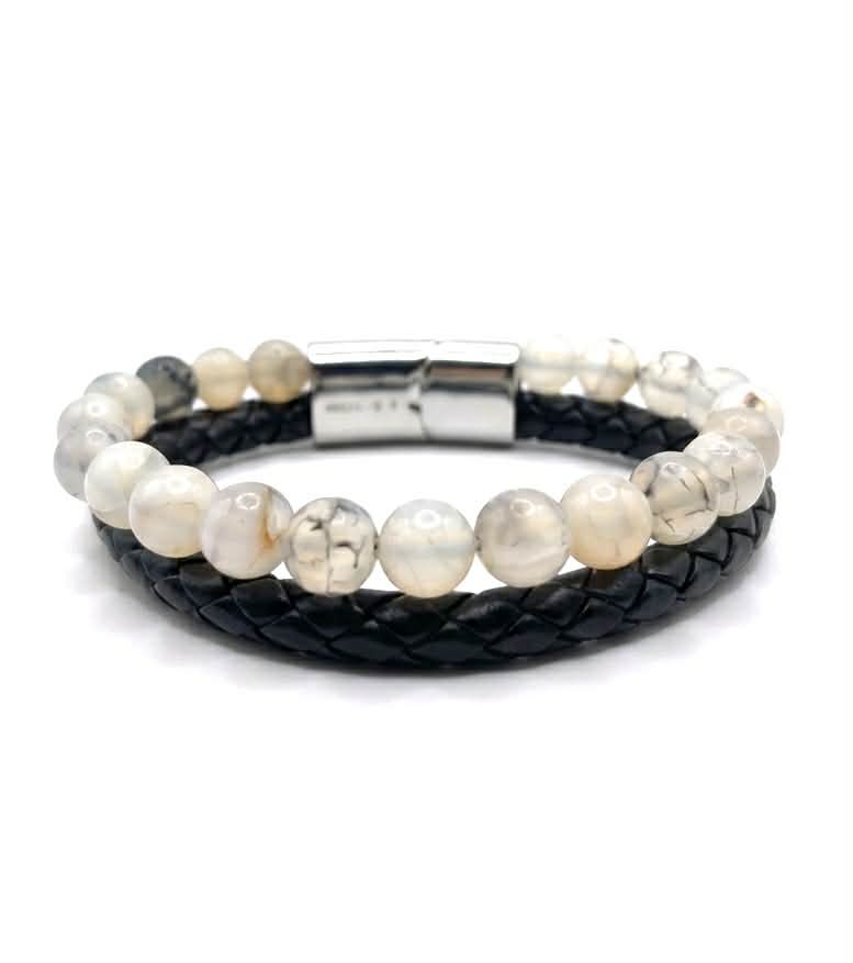Men's Natural Stone & Leather Bracelet - White Agate