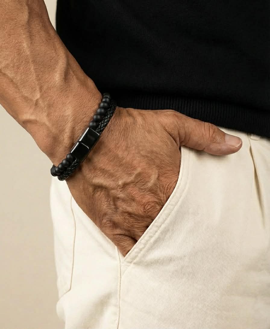Men's Matt Onyx & Leather Bracelet