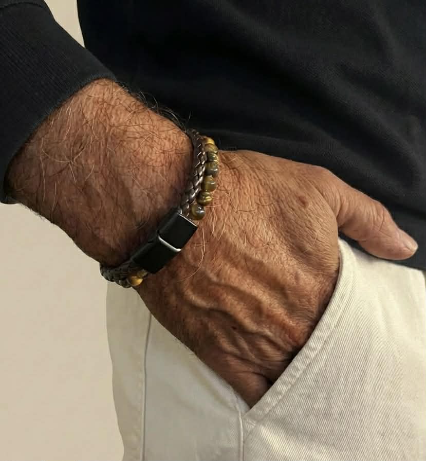 Men's Tigers eye stone Bracelet with woven Leather