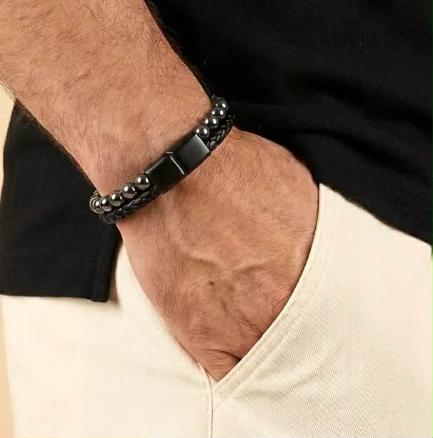 Men's Hematite & Leather Bracelet