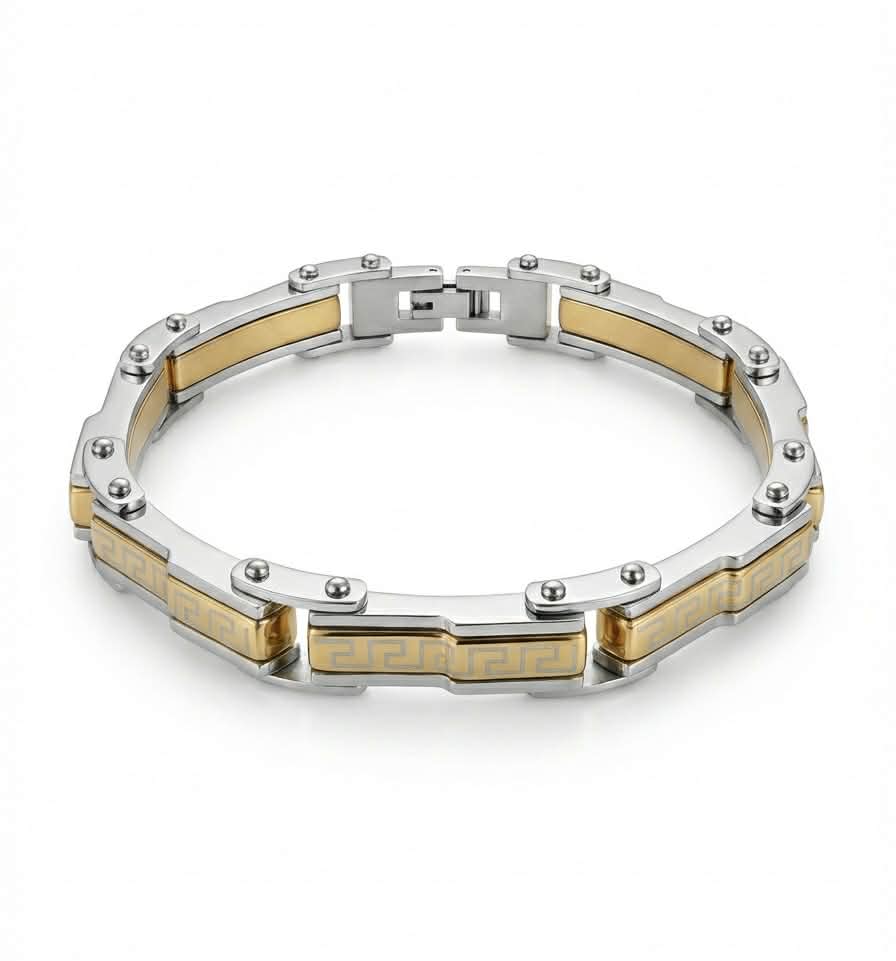 Greek Key Two-Tone Stainless Steel Bracelet