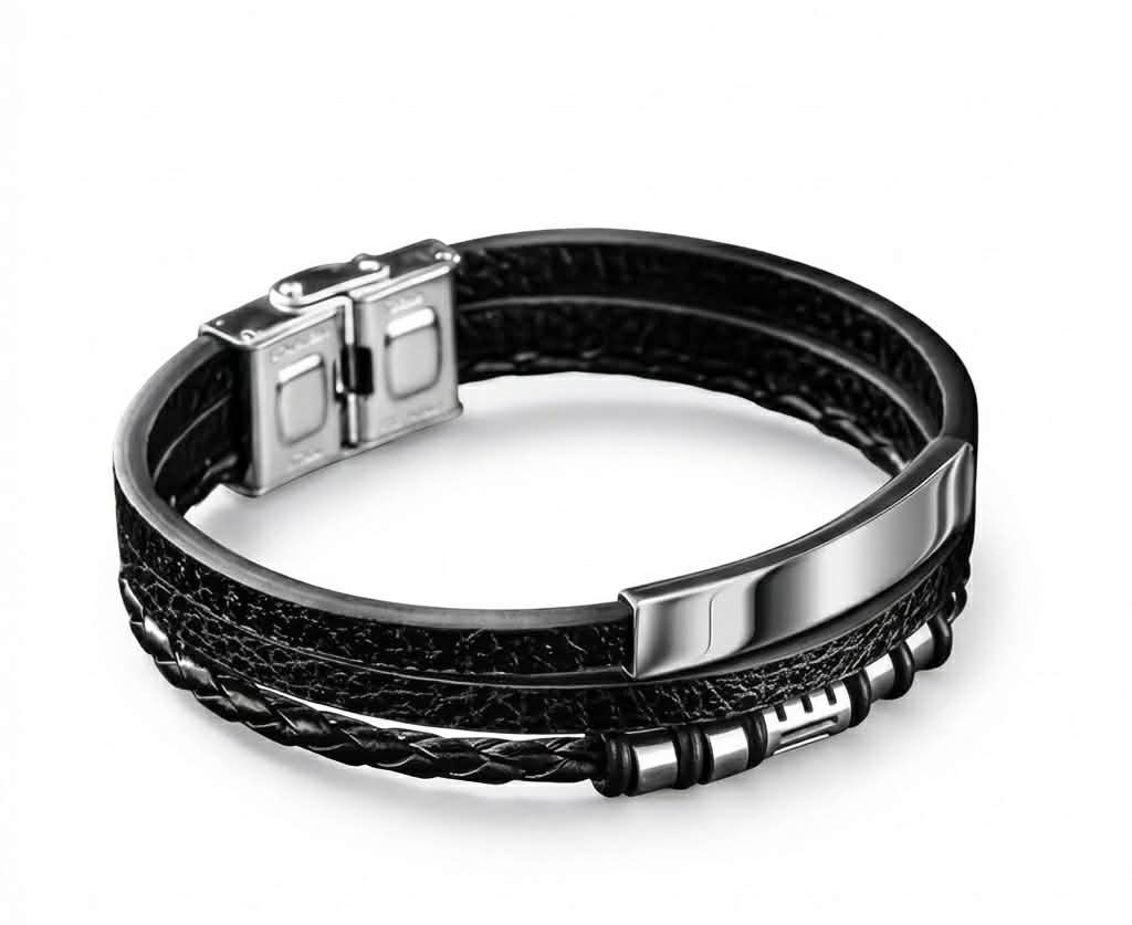 Men's Multi-Strand Leather & Steel ID Bracelet