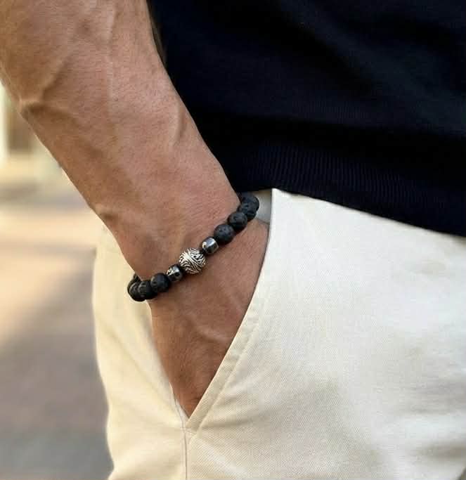 Men’s Lava Stone, Hematite & 925 Silver Bead Bracelet