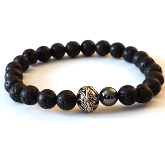 Men’s Lava Stone, Hematite & 925 Silver Bead Bracelet