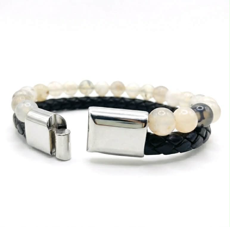 Men's Natural Stone & Leather Bracelet - White Agate