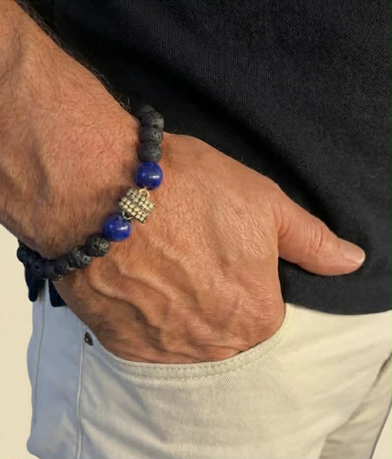 Men's Natural Lava stone & Silver Beaded Bracelet