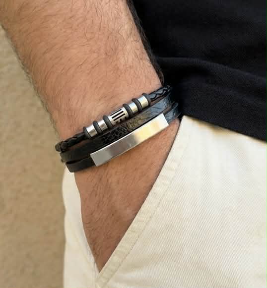 Men's Multi-Strand Leather & Steel ID Bracelet