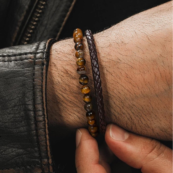 Men's Tigers eye stone Bracelet with woven Leather