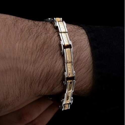 Greek Key Two-Tone Stainless Steel Bracelet