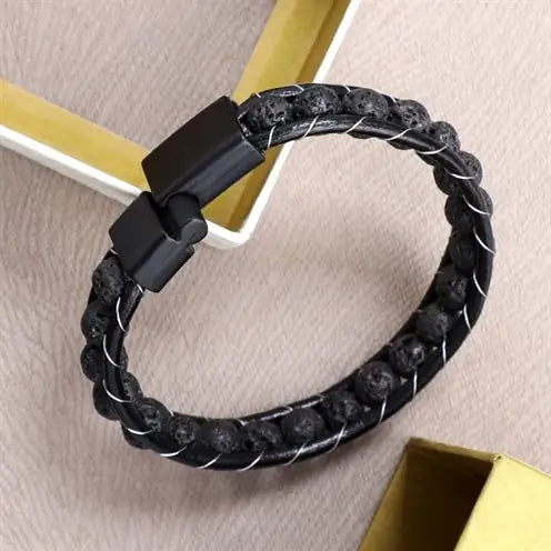 Men's Lava Stone & Leather Bracelet