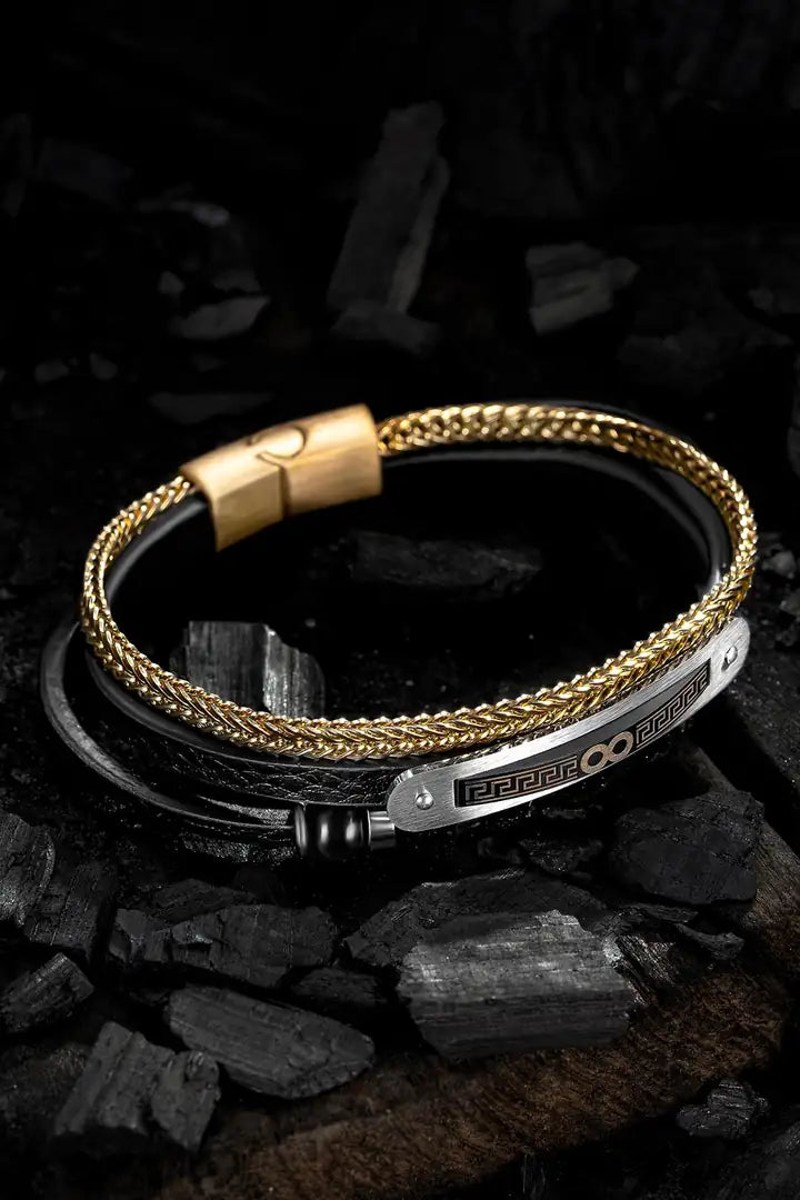 Men's Three-Piece Leather and Steel Bracelet Set with Onyx