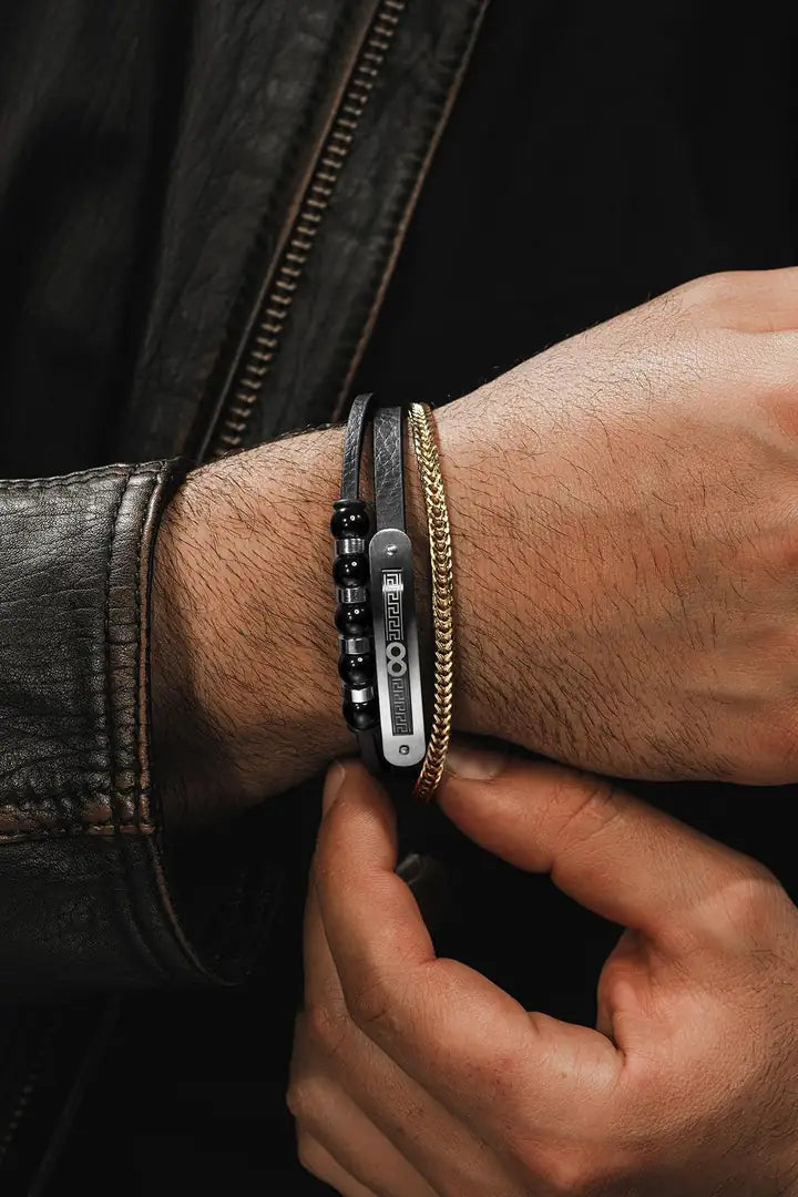 Men's Three-Piece Leather and Steel Bracelet Set with Onyx