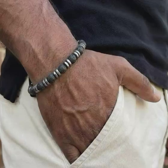 Men's Lava Stone & Steel Beaded Bracelet