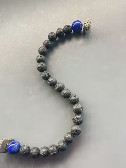 Men's Natural Lava stone & Silver Beaded Bracelet