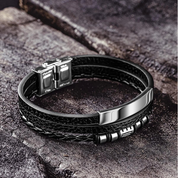 Men's Multi-Strand Leather & Steel ID Bracelet